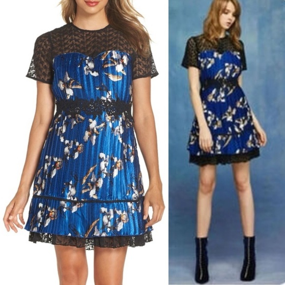 FOXIE DOX CARMELLA BLUE FLORAL PLEATED LACE MINI DRESS - Picture 2 of 14